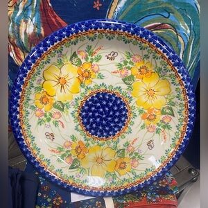 Floral Blue and Yellow Ceramic Serving Bowl